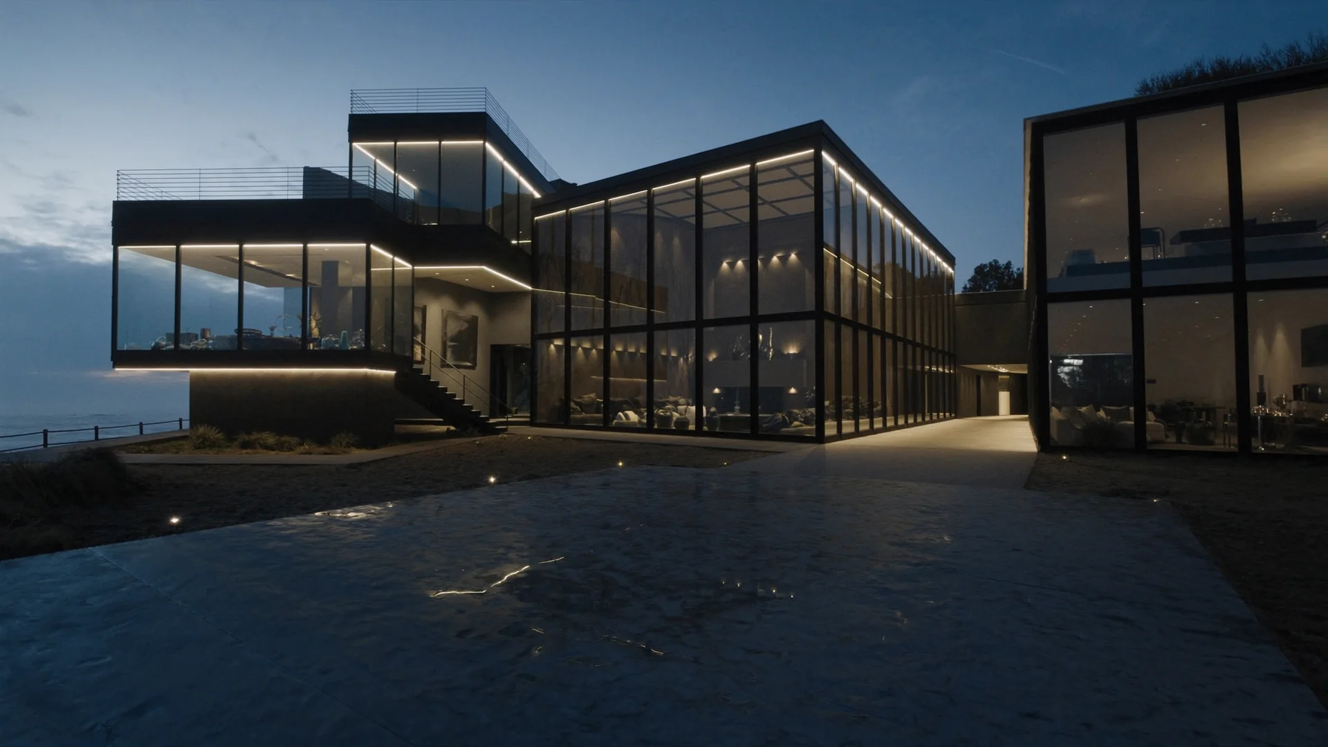 Contemporary home with a glowing grid of new windows at blue hour